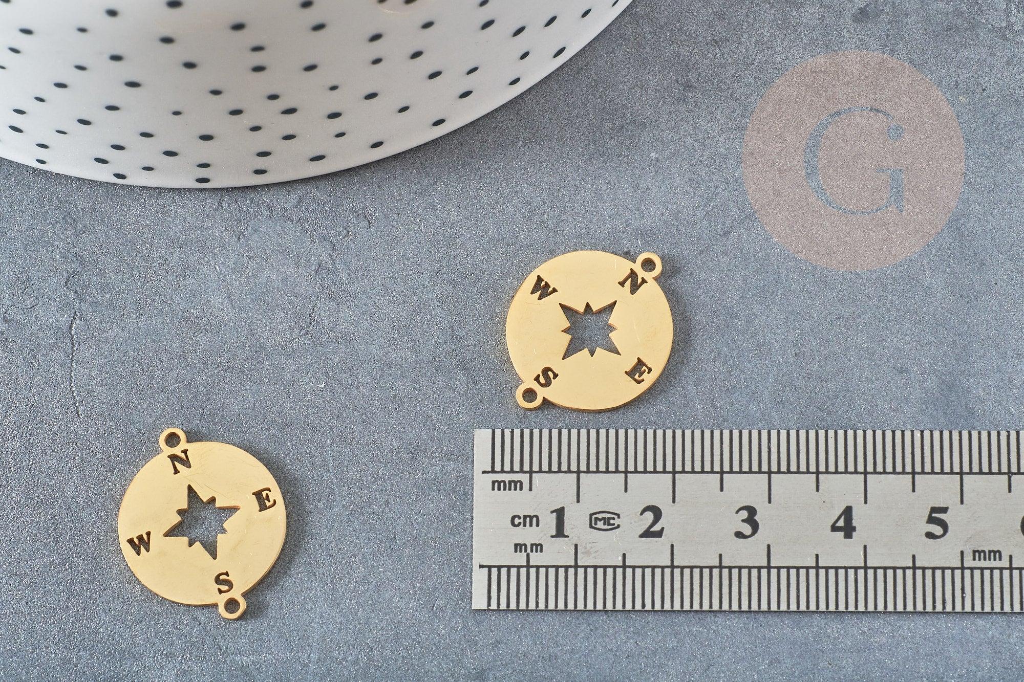 Pendentif acier dore boussole rose des ventes,breloque doré, acier inoxydable doré, pendentif sans nickel,23mm, x1 G4788