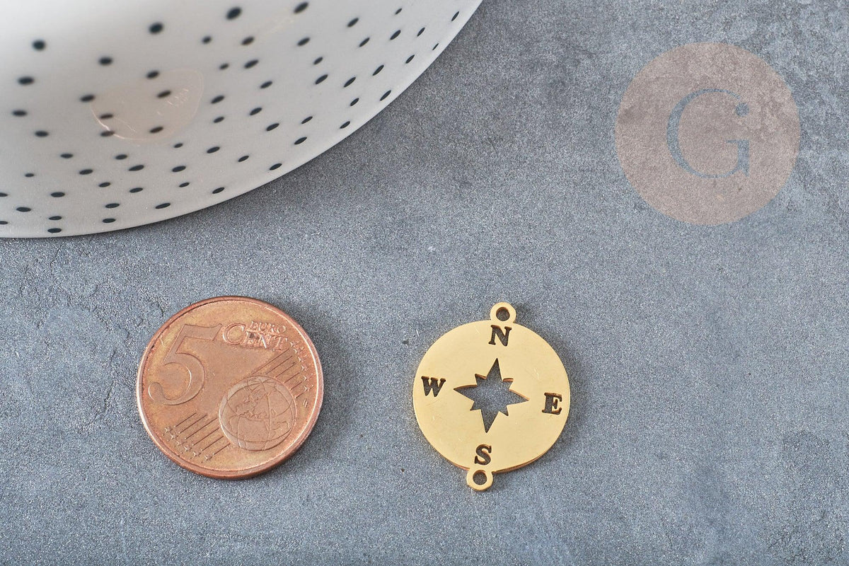 Pendentif acier dore boussole rose des ventes,breloque doré, acier inoxydable doré, pendentif sans nickel,23mm, x1 G4788