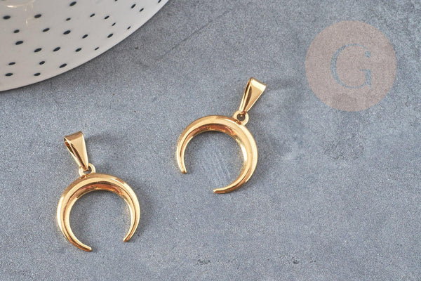 Pendentif acier doré croissant lune,breloque doré, acier chirurgical,acier doré, pendentif sans nickel, 19mm, x1 (G4840)