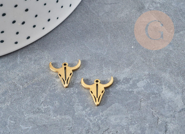 Pendentif acier doré inoxydable tête de vache 15mm, bijou acier hypoallergénique x1 (G4549)