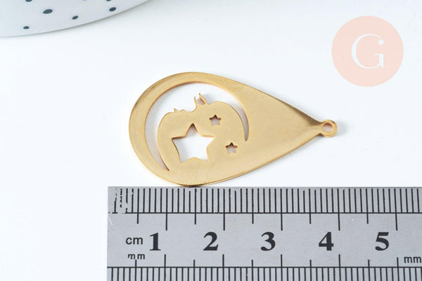 Pendentif acier doré lune étoile 38mm, breloque doré, acier inoxydable doré, pendentif sans nickel, x1 (G6347)