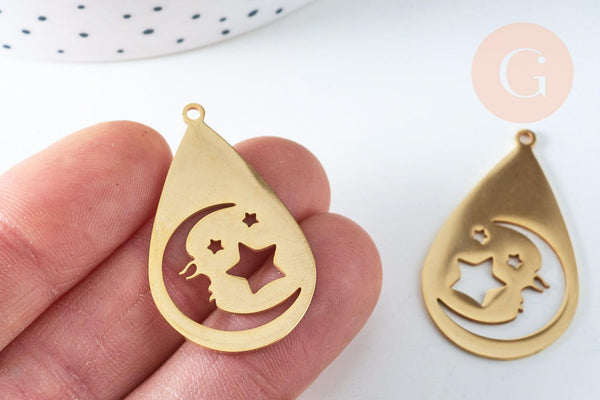 Pendentif acier doré lune étoile 38mm, breloque doré, acier inoxydable doré, pendentif sans nickel, x1 (G6347)