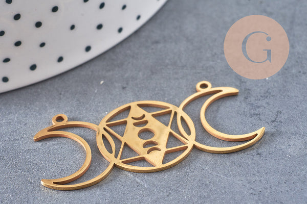 Pendentif acier dore lunes géométriques, breloque doré, acier inoxydable doré, pendentif sans nickel,création bijoux,47mm, x1 G5695