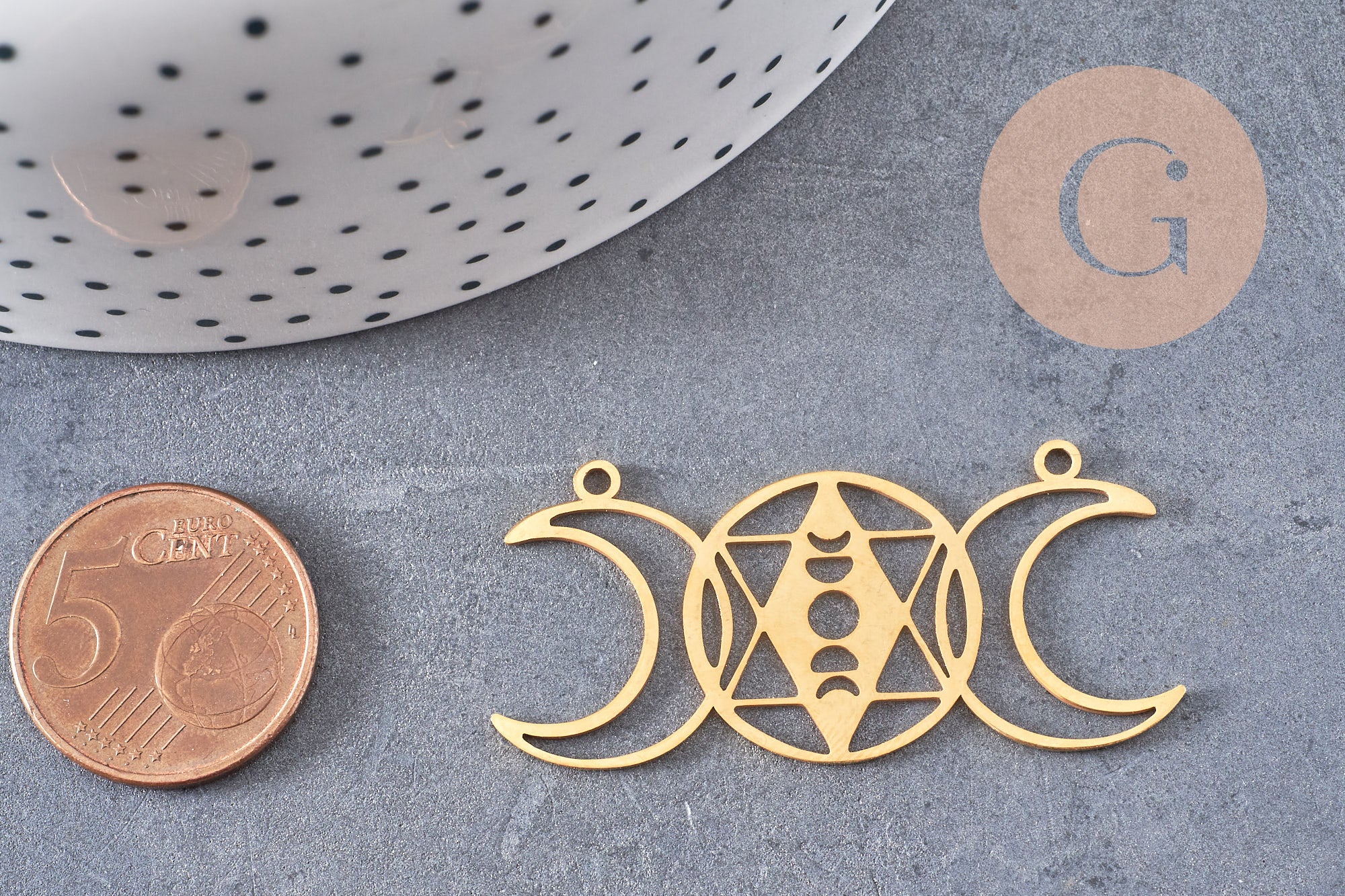 Pendentif acier dore lunes géométriques, breloque doré, acier inoxydable doré, pendentif sans nickel,création bijoux,47mm, x1 G5695