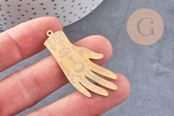 Pendentif acier doré main mystique 49mm,acier inoxydable doré sans libération de nickel,création bijoux chance, x1 G6243