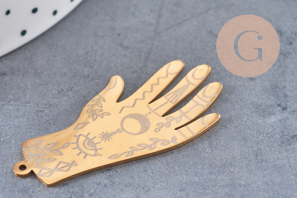 Pendentif acier doré main mystique 49mm,acier inoxydable doré sans libération de nickel,création bijoux chance, x1 G6243