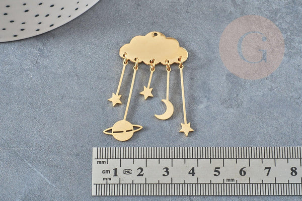 Pendentif acier doré nuage et constellations 49mm, breloque , acier inoxydable doré, pendentif sans nickel, x1 (G5736)
