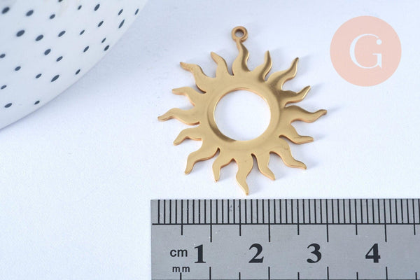 Pendentif acier inoxydable 304 doré soleil 32.5mm, x1 (G6148)