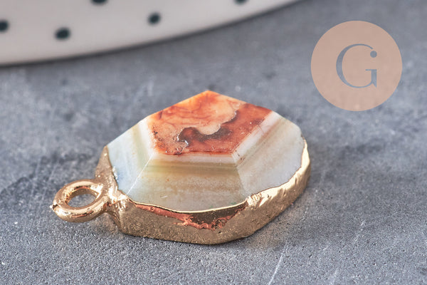 Pendentif agate naturelle verte laiton doré 17-22mm, x1 (G2619)