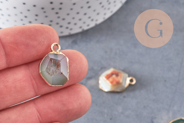 Pendentif agate naturelle verte laiton doré 17-22mm, x1 (G2619)