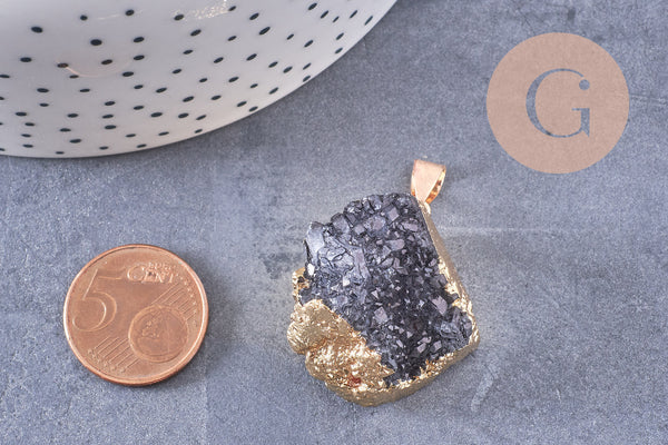 Pendentif agate noire druzy naturelle 30mm, x1 (G2567)