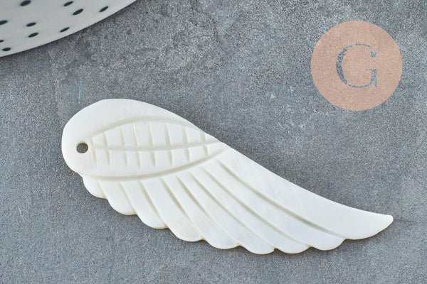 Pendentif aile nacre blanche naturelle,bijou nacre,pendentif aile ange nacre,coquillage blanc, 49mm, x1 G3875