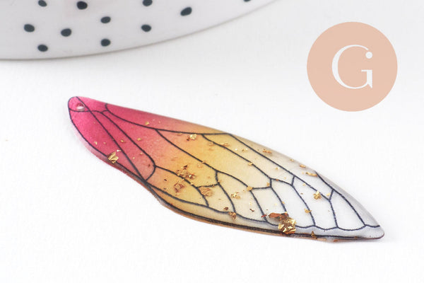 Pendentif aile résine paillettes,des peerles originales et transparentes pour création bijoux bois,51mm, x1 (G3923)