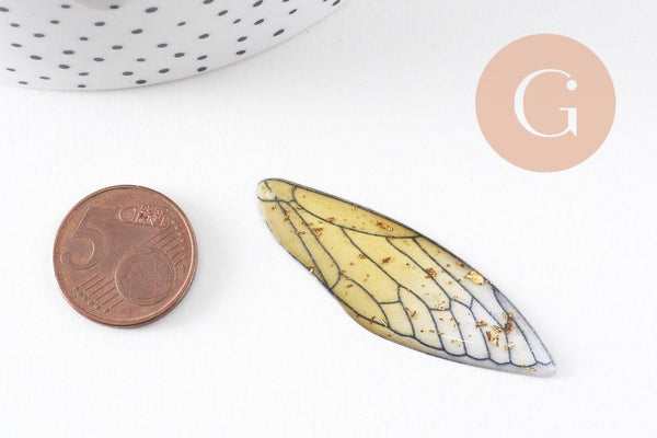 Pendentif aile résine paillettes,des peerles originales et transparentes pour création bijoux bois,51mm, x1 (G3923)