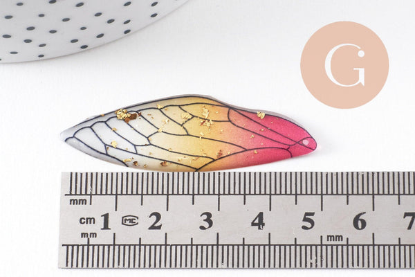 Pendentif aile résine paillettes,des peerles originales et transparentes pour création bijoux bois,51mm, x1 (G3923)