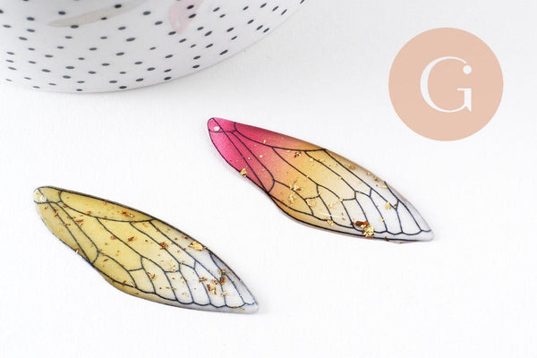 Pendentif aile résine paillettes,des peerles originales et transparentes pour création bijoux bois,51mm, x1 (G3923)