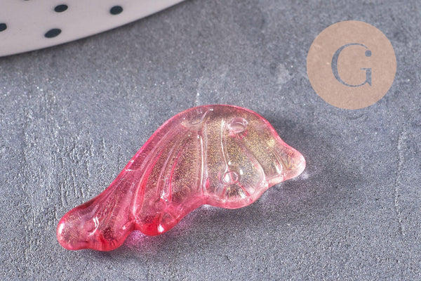 Pendentif aile verre rose fuchsia or 24.5mm ,pendentif verre ,x10 (G5832)