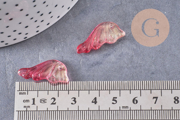 Pendentif aile verre rose fuchsia or 24.5mm ,pendentif verre ,x10 (G5832)