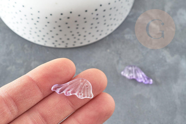 Pendentif aile verre violet clair 24.5mm ,pendentif verre pour création bijoux, x10 (G5830)