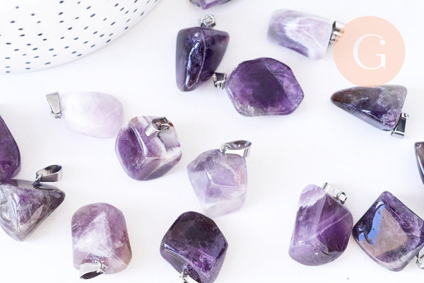 Pendentif améthyste naturelle roulée acier inoxydable platine 15-35mm, x1 (G5532)