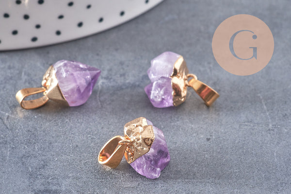 Pendentif améthyste violette brute, , support doré, création bijoux, pierre naturelle, 25mm, x1 (G2498)