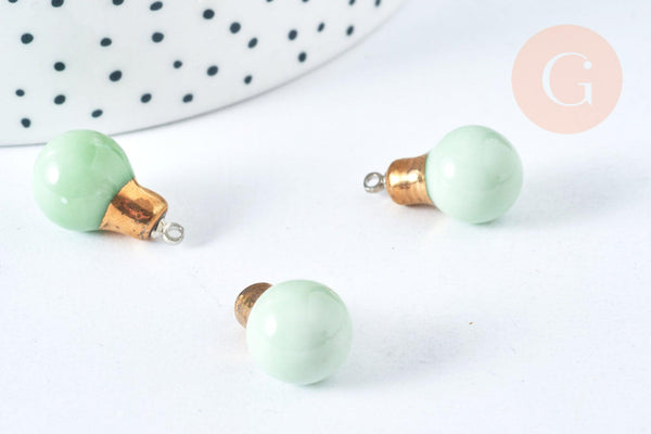 Pendentif ampoule porcelaine émaillé vert et or clair 20mm, pendentif porcelaine géométrique x1 G7146