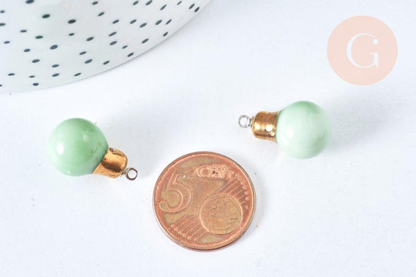 Pendentif ampoule porcelaine émaillé vert et or clair 20mm, pendentif porcelaine géométrique x1 G7146