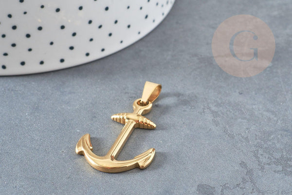 Pendentif ancre acier doré 14k, fourniture bijoux,acier doré inoxydable ,pendentif bijoux sans nickel,37.5mm, x1 (G4522)