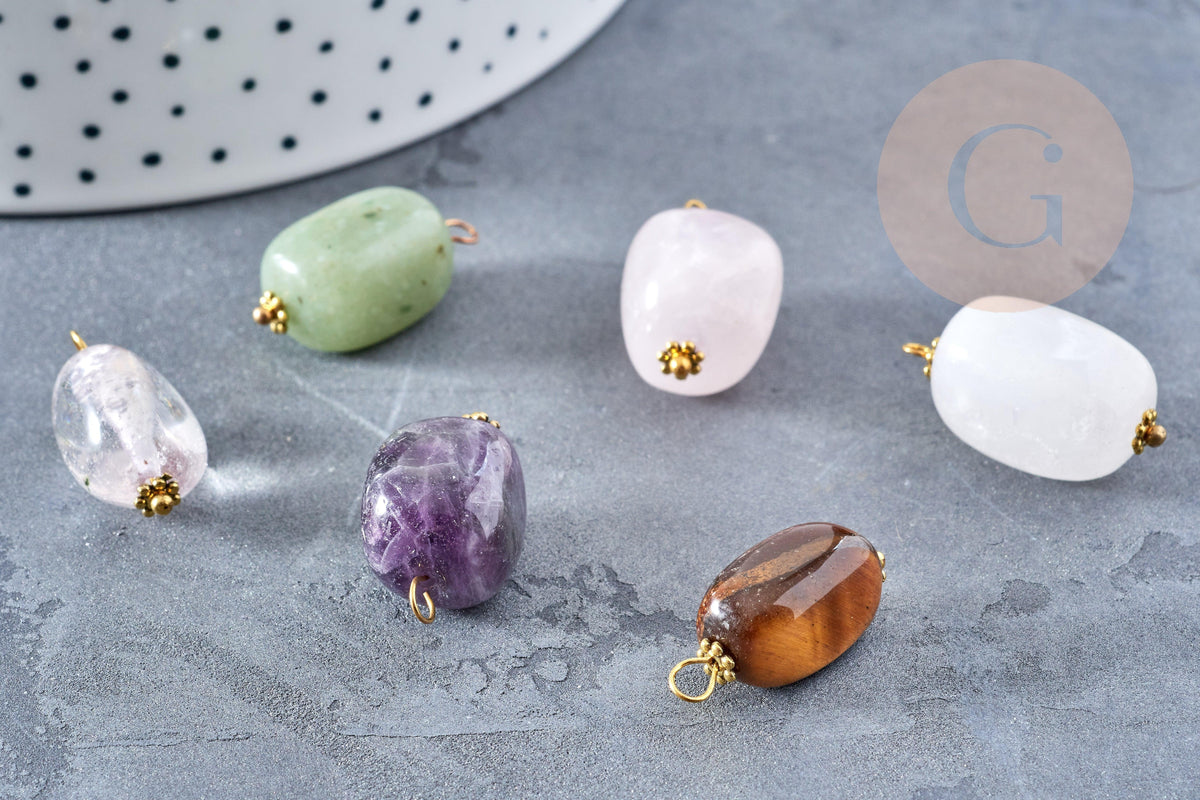 Pendentif connecteur aventurine améthyste quartz agate oeil du tigre zamac doré 21mm,pendentif pierre naturelle, x1 (G5659)