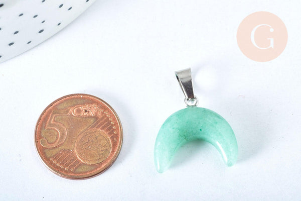Pendentif aventurine verte lune acier inoxydable 18-19mm, pendentif pierre acier inoxydable, bijou pendentif pierre naturelle, x1 (G6997)