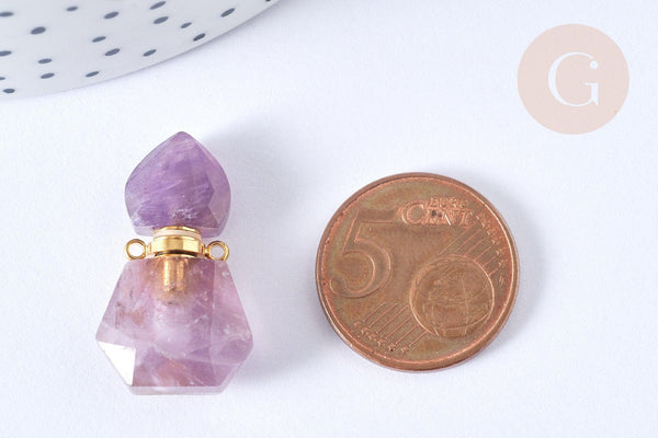 Pendentif bouteille parfum améthyste naturelle acier 304 inoxydable doré 27.5mm, x1 (G3928)