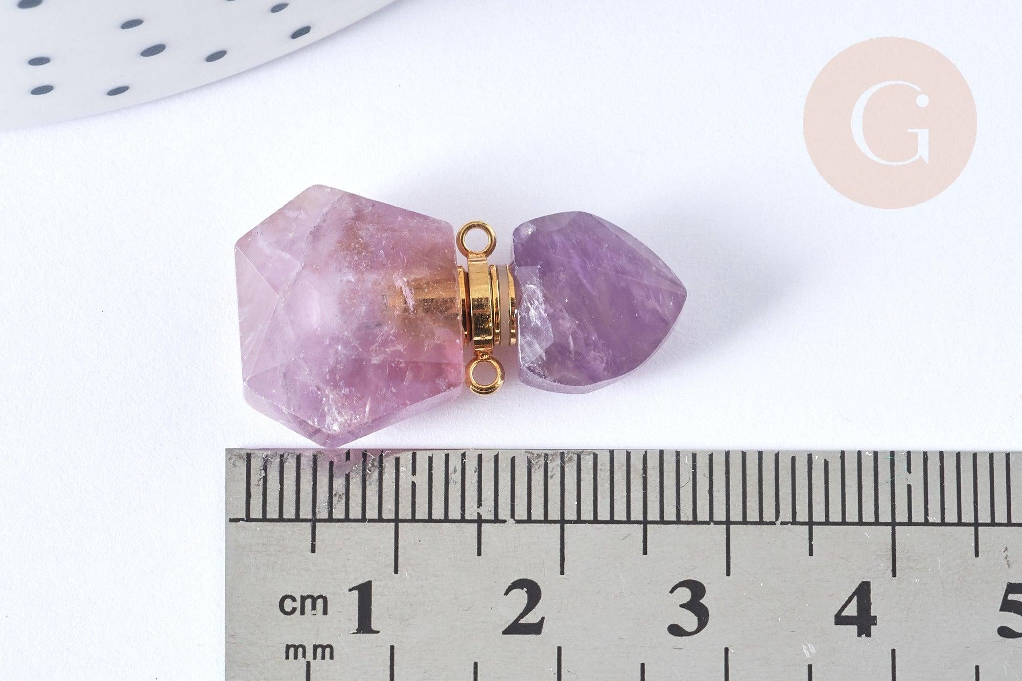 Pendentif bouteille parfum améthyste naturelle acier 304 inoxydable doré 27.5mm, x1 (G3928)