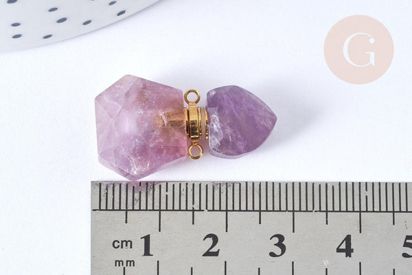 Pendentif bouteille parfum améthyste naturelle acier 304 inoxydable doré 27.5mm, x1 (G3928)