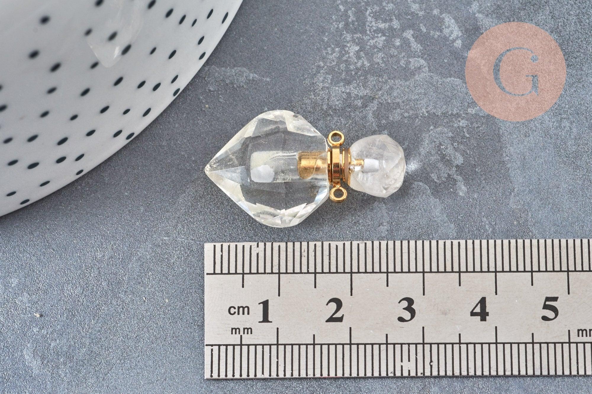Pendentif bouteille parfum cristal de roche naturel laiton doré 27mm, x1 (G6736)