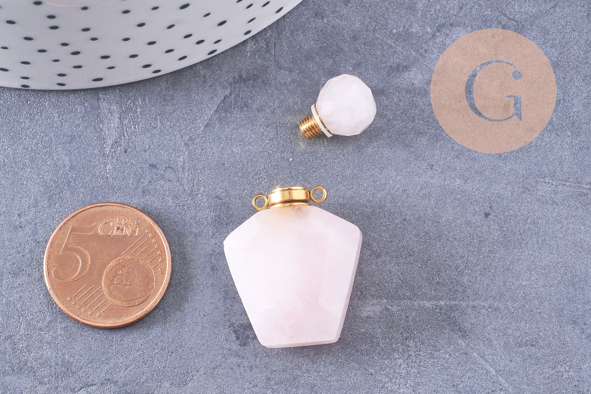 Pendentif bouteille parfum quartz rose naturel acier inoxydable doré 39mm, x1 (G3012)