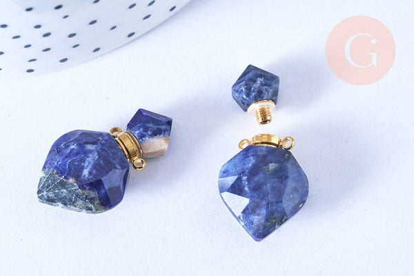 Pendentif bouteille parfum sodalite naturelle laiton doré 27mm, x1 (G7147)