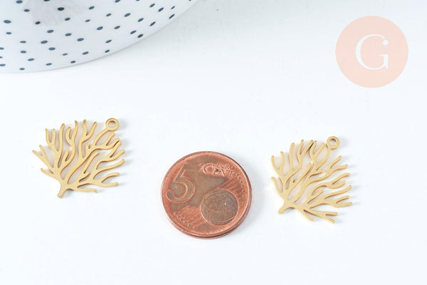 Pendentif branche de corail acier 201 inoxydable doré 18K 23.5mm, x1 (G6337)