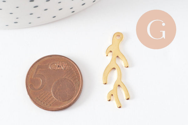 Pendentif branche de corail acier 201 inoxydable doré 24K 28mm, x1 (G9672)