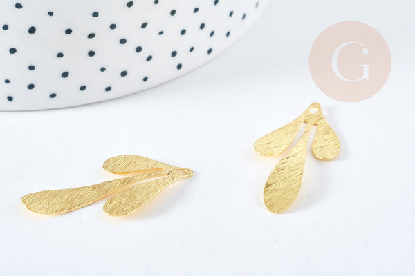 Pendentif branche feuille laiton doré brossé 35.5mm,création bijoux motif végétal, x2 (G8736)