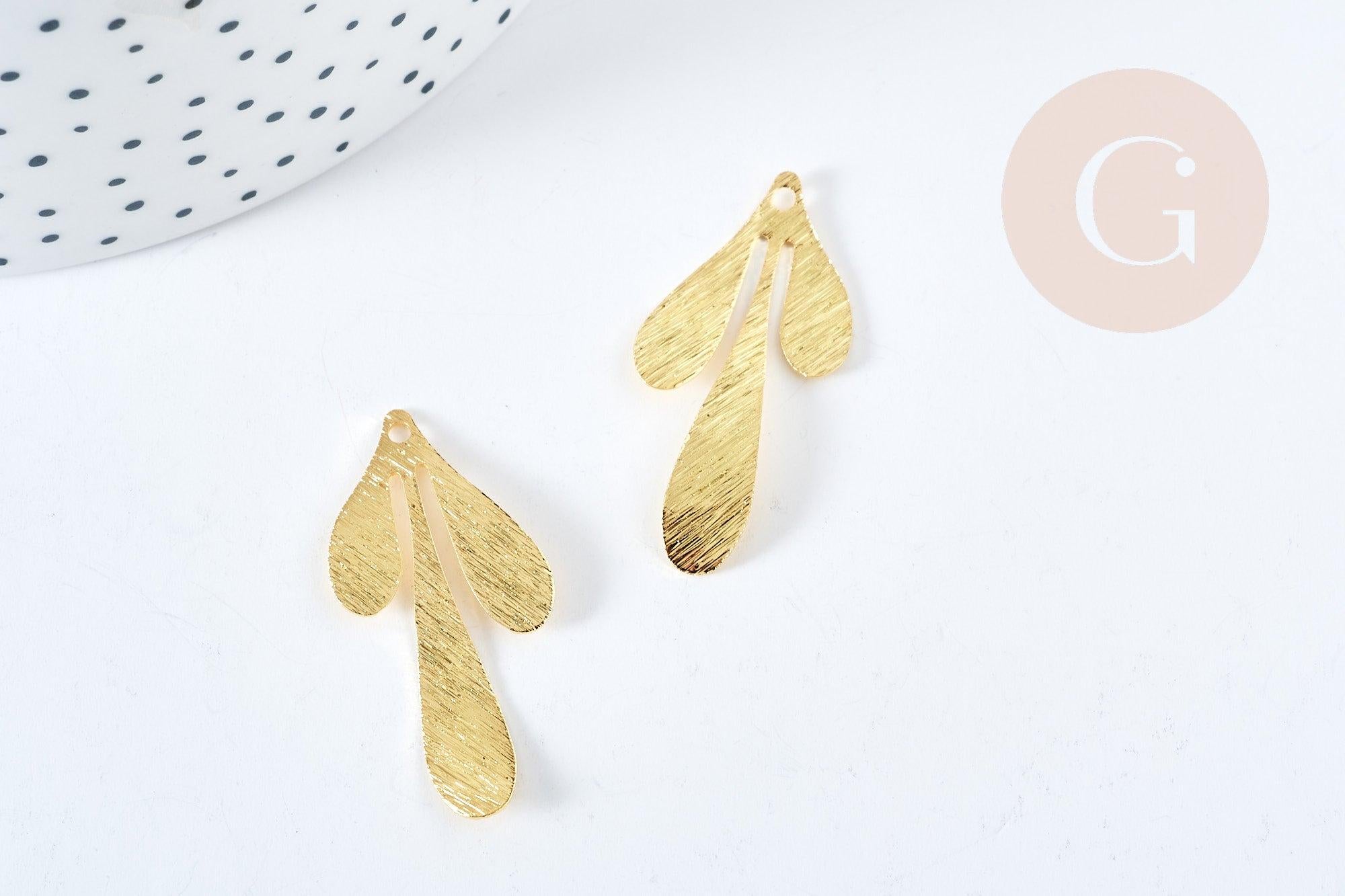 Pendentif branche feuille laiton doré brossé 35.5mm,création bijoux motif végétal, x2 (G8736)