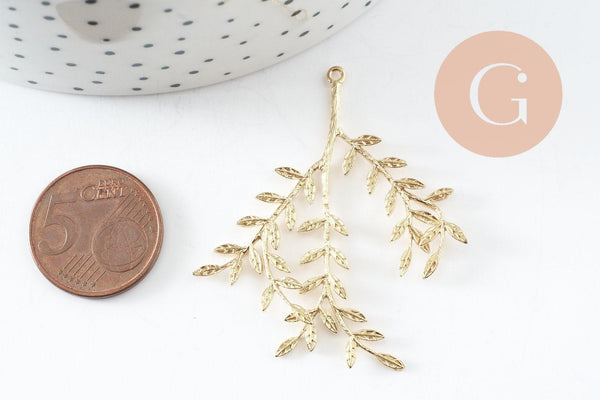 Pendentif branche feuille laiton laiton brut 48mm, x2 (G6584)