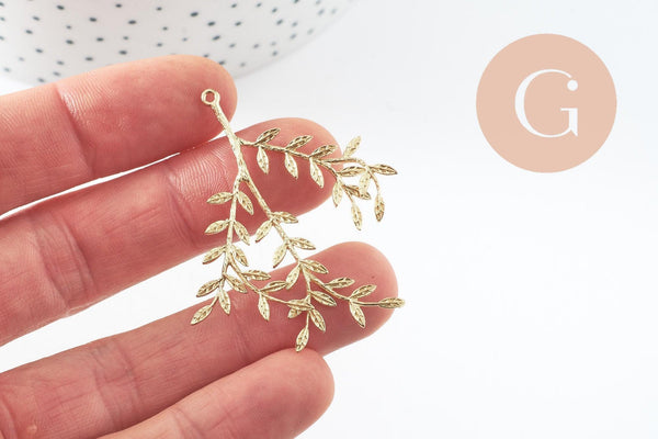 Pendentif branche feuille laiton laiton brut 48mm, x2 (G6584)