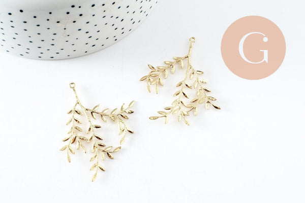 Pendentif branche feuille laiton laiton brut 48mm, x2 (G6584)