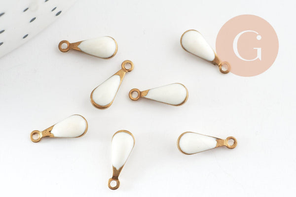 Pendentif breloque goutte laiton brut émail blanc 11mm, x10 (G0808)
