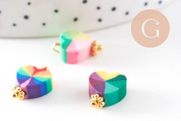 Pendentif breloque polymère coeur multicolore 13mm, perles colorées et estivales pour créer des bijoux fantaisie, x10 (G5867)