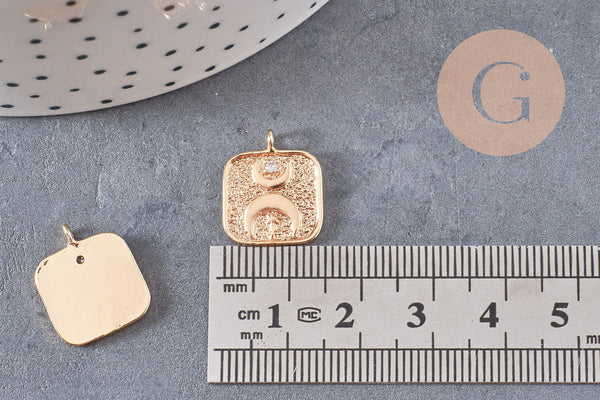 Pendentif carré lune protecteur chance en laiton zircon 18K 19mm, x1 (G10559)