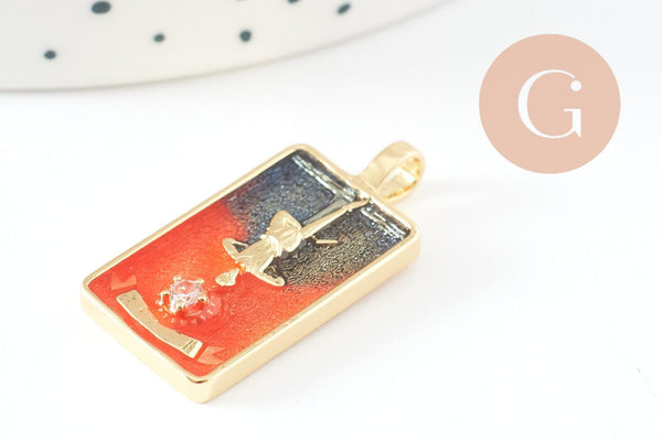 Pendentif carte tarot Pendu en laiton zircon émaillé 30mm, x1 (G6252)