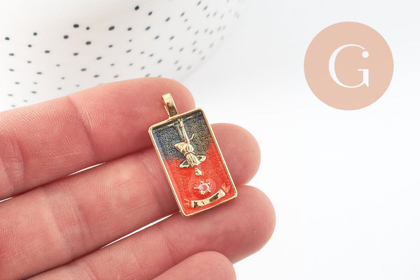 Pendentif carte tarot Pendu en laiton zircon émaillé 30mm, x1 (G6252)