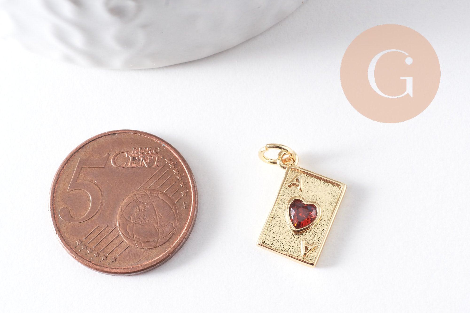 Pendentif carte à jouer coeur zircon rouge laiton doré 18K 15mm x1 (G10288)