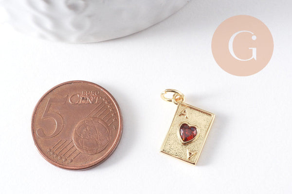 Pendentif carte à jouer coeur zircon rouge laiton doré 18K 15mm x1 (G10288)